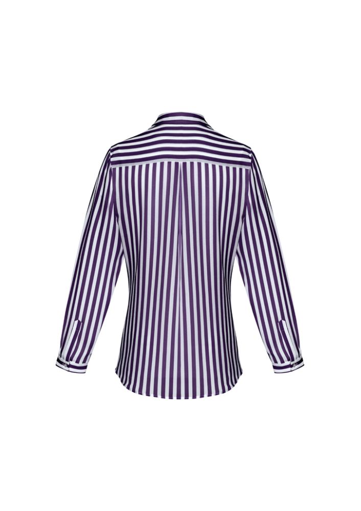 Purple Reign long sleeve shirt for women, semi-fitted with luxe polyester fabric and inverted back pleat for stylish comfort.