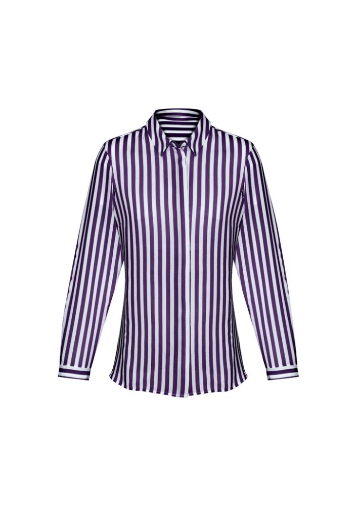 Verona Ladies Long Sleeve Shirt in Purple Reign, featuring a semi-fitted design, luxe touch, and inverted back pleat.