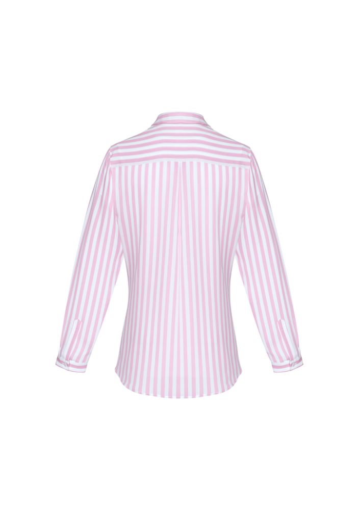 Verona Ladies Long Sleeve Shirt in Soft Melon, featuring luxe polyester, inverted back pleat, and a semi-fitted design.
