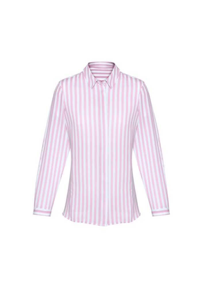 Verona Ladies Long Sleeve Shirt in Soft Melon, featuring a luxe touch and inverted back pleat for stylish comfort.