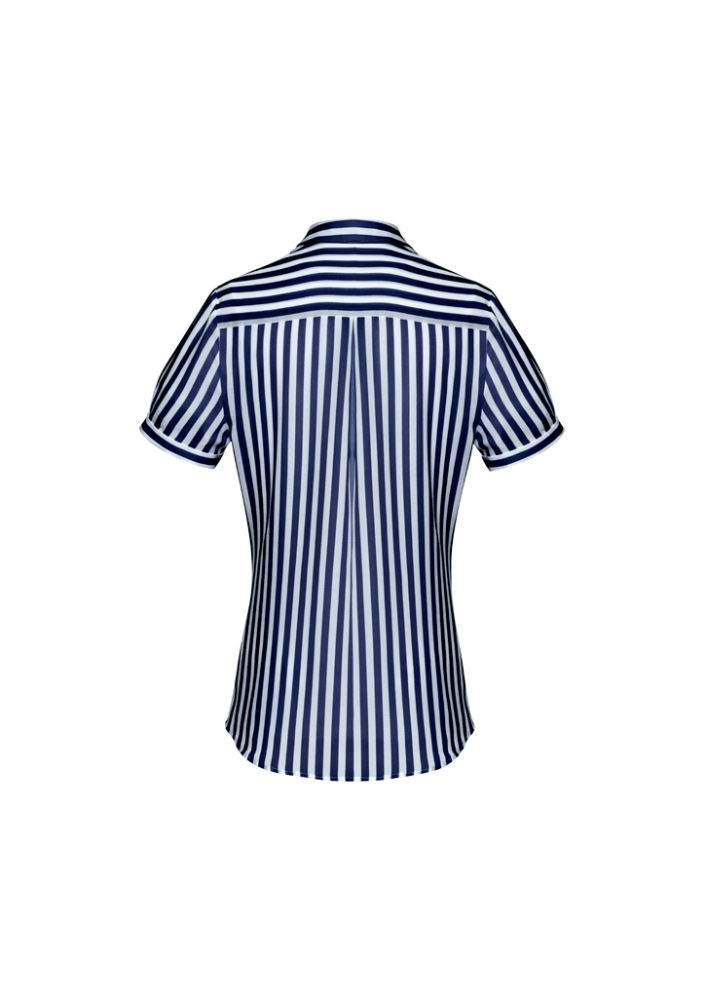 Navy short sleeve shirt for women, semi-fitted design with inverted back pleat, crafted from 100% durable polyester.