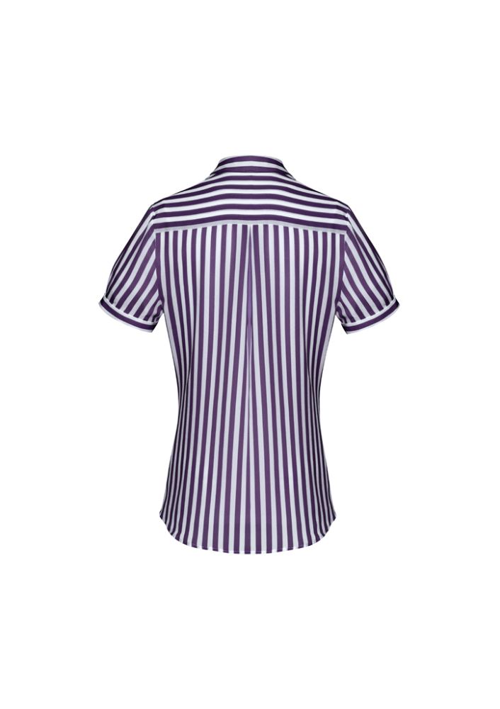 Verona Ladies Short Sleeve Shirt in Purple Reign, size 18, features a luxe drape and inverted back pleat for stylish comfort.