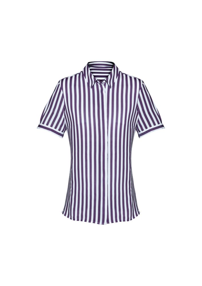 Purple Reign Verona Ladies Short Sleeve Shirt features a semi-fitted design with an elegant drape and inverted back pleat.
