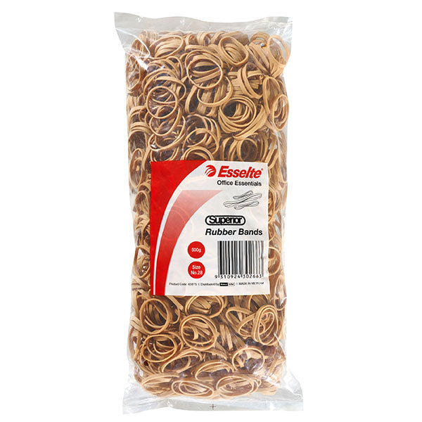 Esselte Superior Rubber Bands Size 28 in a 500g bag, made from natural rubber, ideal for organizing and bundling items.