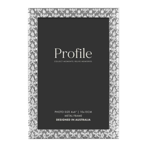 Elegant silver metal photo frame with embossed Renaissance pattern, designed for 8x10 photos in portrait or landscape orientation.