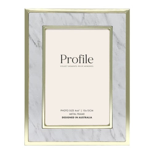 Elegant Terrazzo Marble Metal Photo Frame with gold edges, suitable for portrait or landscape display, available in three sizes.