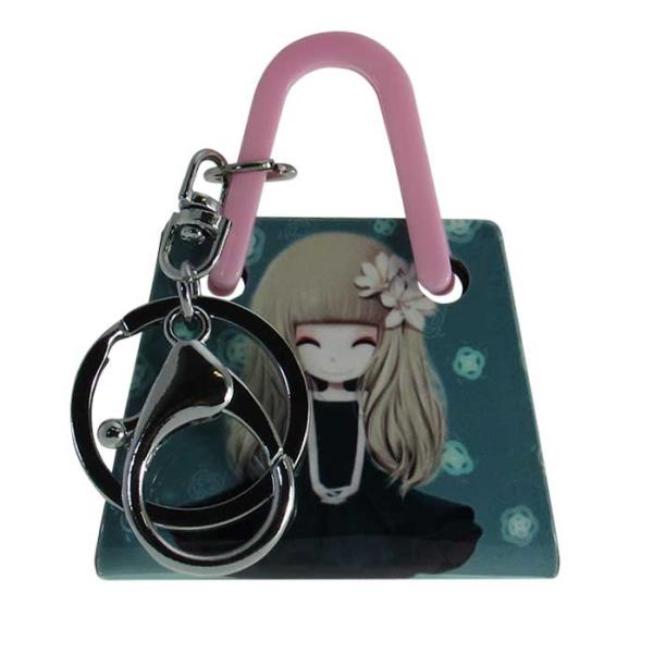 Acrylic key ring handbag featuring a whimsical blonde lady design, stylish and perfect for keys or decoration.