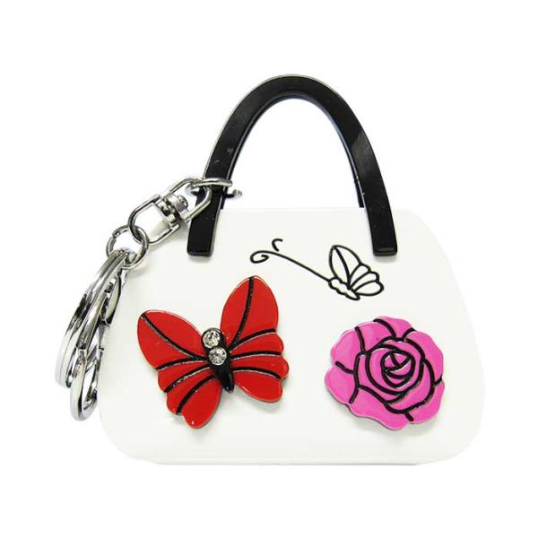 Colorful acrylic key ring handbag featuring butterfly and rose designs, perfect for style and practicality.