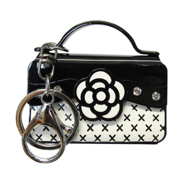 Chic black and white acrylic handbag keyring, 6.5cm W x 6cm H, perfect for stylishly organizing keys or enhancing bags.