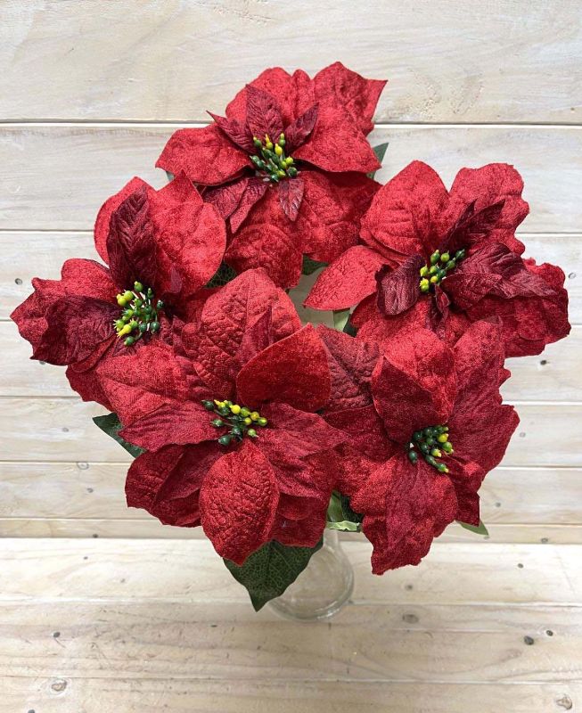 Artificial Poinsettia Bush with 5 large velvet red blooms, perfect for festive home decor and low-maintenance arrangements.