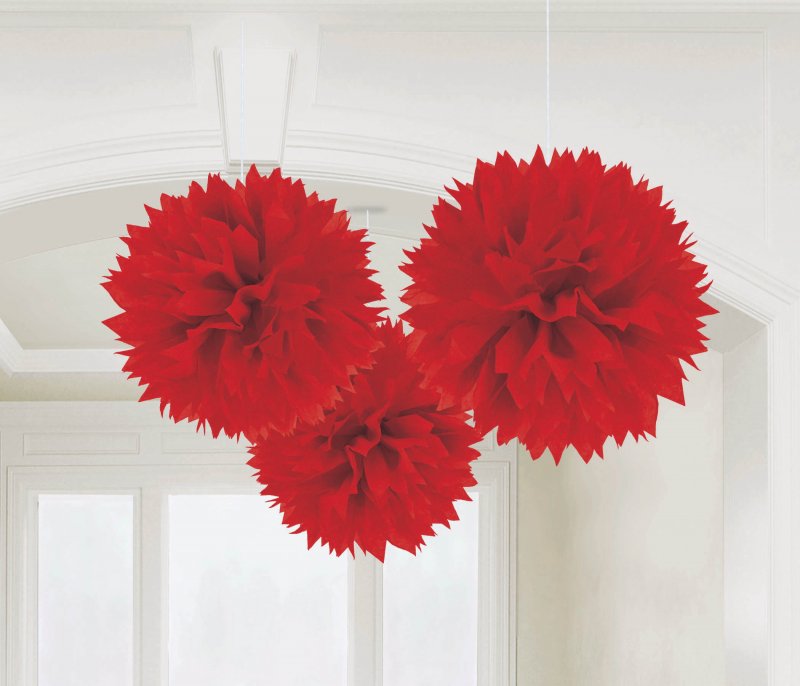 Vibrant Apple Red fluffy tissue decorations, 16-inch, pack of 3, perfect for adding color to any celebration.