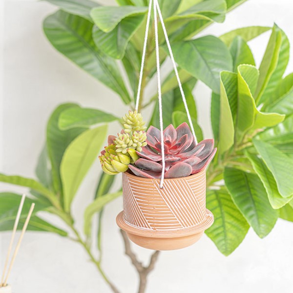 Ceramic terracotta hanging pot, 15x11.5cmH, ideal for indoor and outdoor plants, adding elegance to any space.