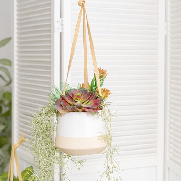 Ceramic Dolomite Hanging Pot Duo in white, perfect for indoor plants, featuring a minimalist design and sturdy hanging feature.