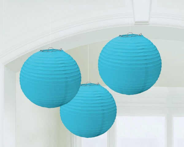 Pack of 3 Caribbean Blue round paper lanterns, perfect for vibrant party decor and versatile indoor/outdoor use.