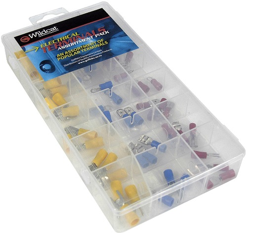 Wildcat Electrical Terminal Assortment, featuring joiners, blade, ring, and spade terminals in a durable display case.
