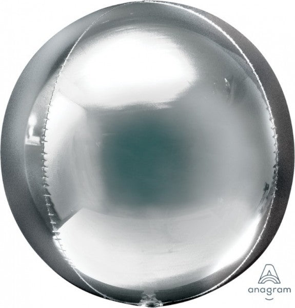 Silver Orbz foil balloon, 38cm x 40cm, perfect for elegant party decor, durable, and ideal for helium or air filling.