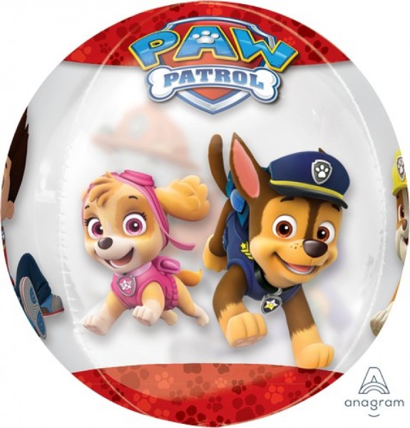 Extra-large clear foil Orbz balloon featuring Paw Patrol characters Chase and Marshall for festive celebrations.