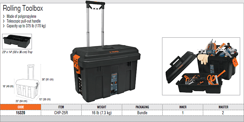 Plastic Toolbox "Truper" Rolling 25" with 170kg capacity, designed for easy tool transport and organized storage.