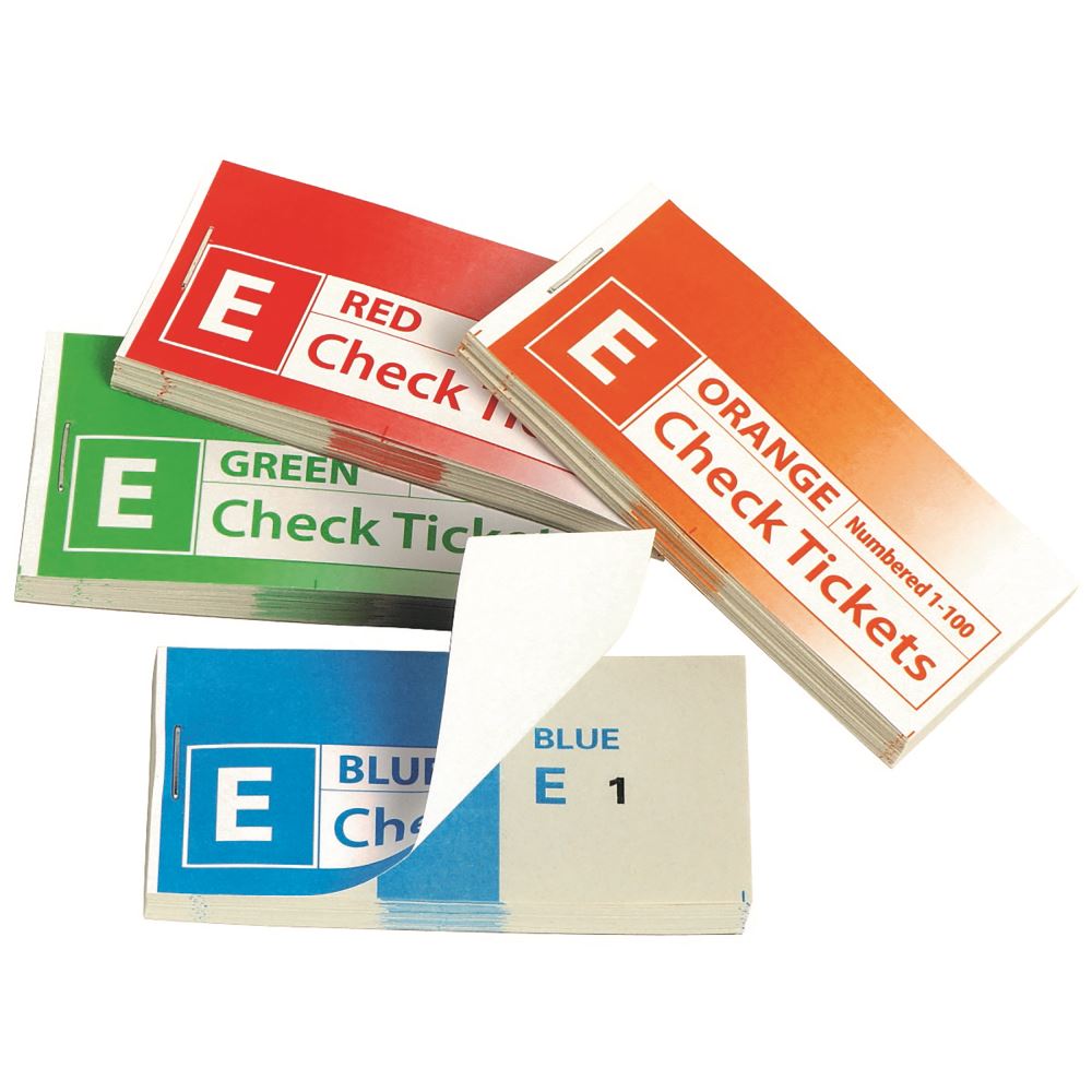 Marbig assorted check/raffle tickets pack of 4, ideal for event organization with 100 sets for easy tracking and management.