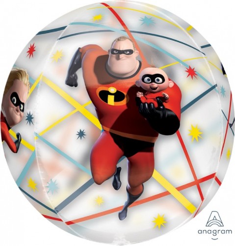 Clear Incredibles 2 balloons, 38cm x 40cm, perfect for kids' parties, featuring vibrant superhero designs.