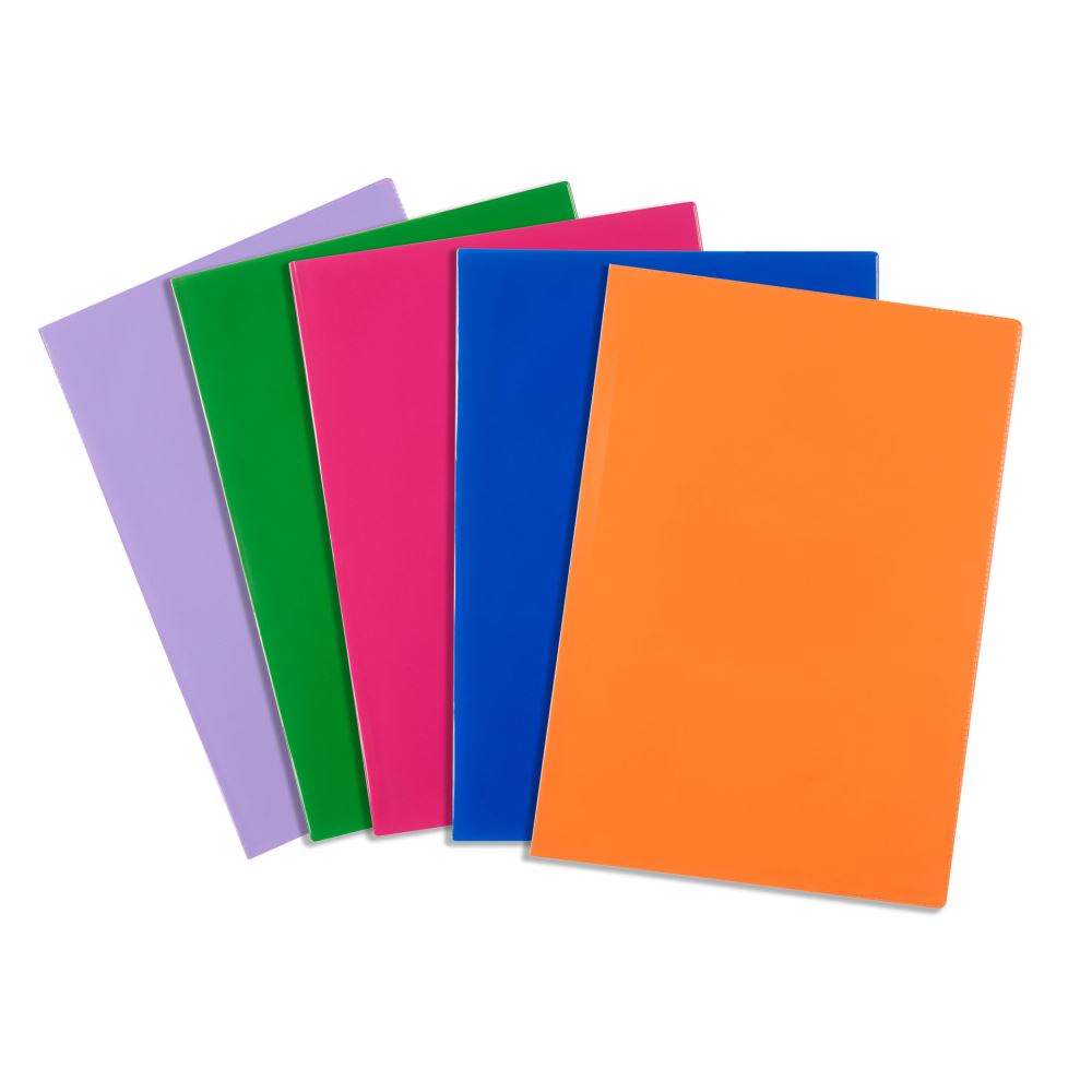 Colorful set of 5 protective 9x7 book sleeves in purple, green, pink, blue, and orange for organizing contacts and documents.