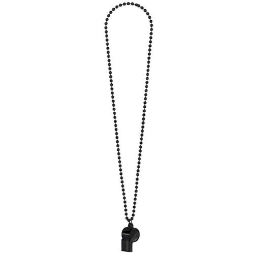 Black chain necklace featuring a vintage whistle charm, measuring 36 inches for versatile styling options.