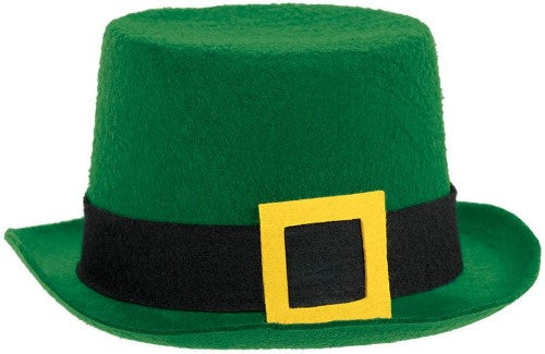 Vibrant green felt top hat for St. Patrick's Day, featuring a classic tall crown and wide brim for festive celebrations.