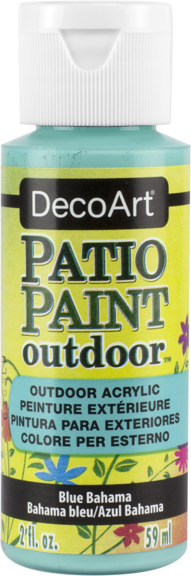 Vibrant 2oz Blue Bahama patio paint, perfect for durable outdoor furniture and decor, featuring easy cleanup and excellent adhesion.
