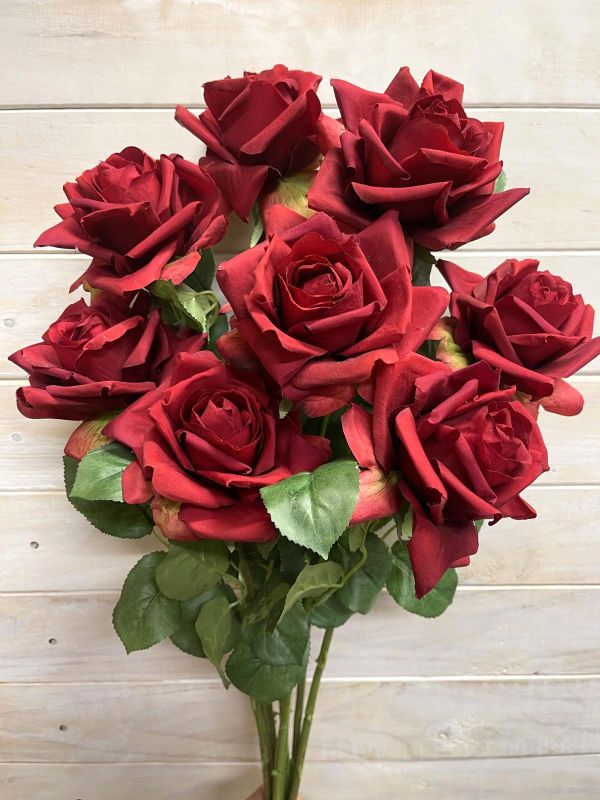 Lifelike red artificial rose spray with bud, perfect for enhancing any decor without the need for maintenance.
