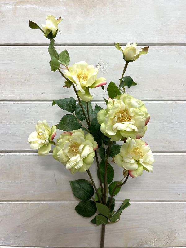 Lifelike green Camilia artificial flower spray with 5 flowers and 2 buds, perfect for home decor and low-light spaces.