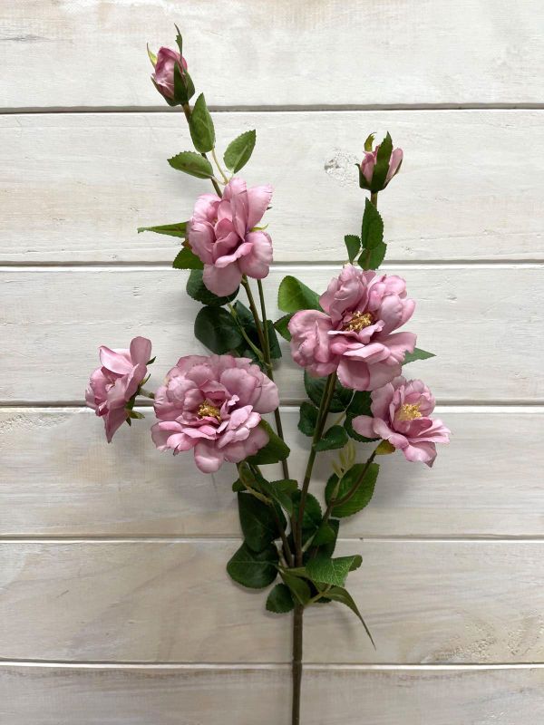 Lifelike mauve pink artificial flower spray featuring 5 blooms and 2 buds, perfect for elegant home decor and maintenance-free beauty.