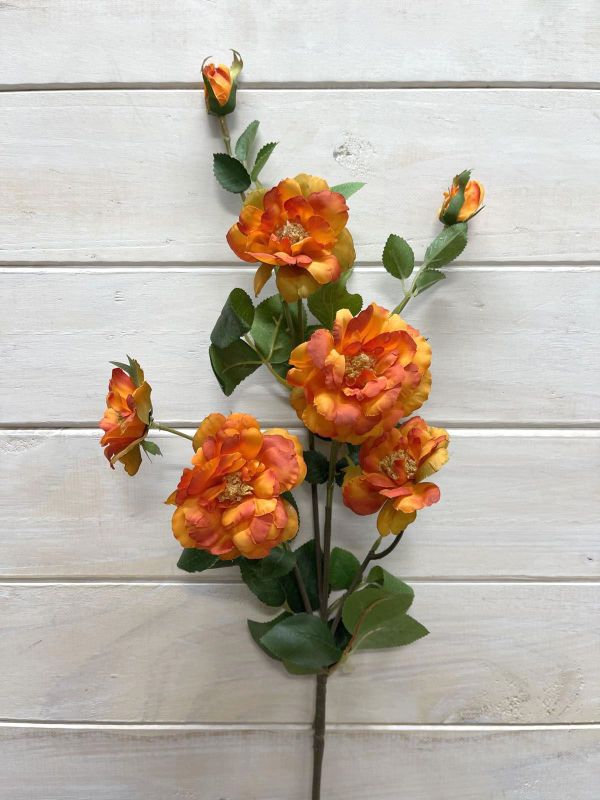 Vibrant orange artificial Camellia flower spray with 5 blooms and 2 buds, perfect for enhancing any decor.