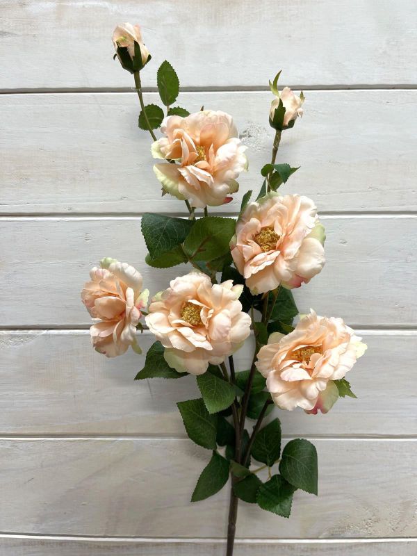 Lifelike peach Camilia artificial flower spray with 5 blooms and 2 buds, perfect for elegant home or office decor.