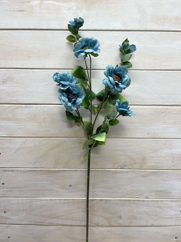 Artificial Camilia flower spray featuring 5 teal flowers and 2 buds, perfect for elegant decor without maintenance.