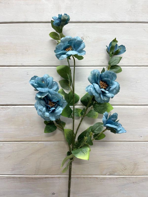 Vibrant teal artificial Camilia flower spray with 5 flowers and 2 buds, perfect for effortless decor and maintenance-free elegance.