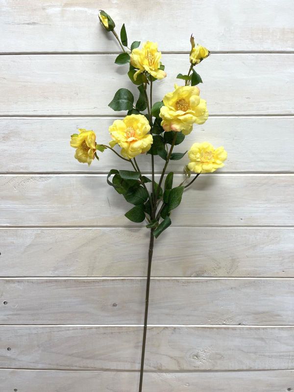 Vibrant yellow artificial Camilia flower spray with five lifelike blooms and two buds, perfect for low-maintenance decor.