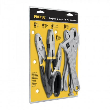 5-piece Pretul toolset featuring slip joint, linesman's, long nose pliers, adjustable wrench, and lock grip pliers for versatile use.