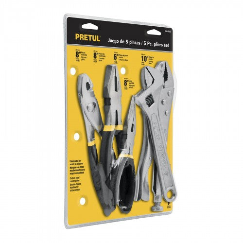5-piece Pretul toolset featuring slip joint, linesman's, long nose pliers, adjustable wrench, and lock grip pliers for versatile use.