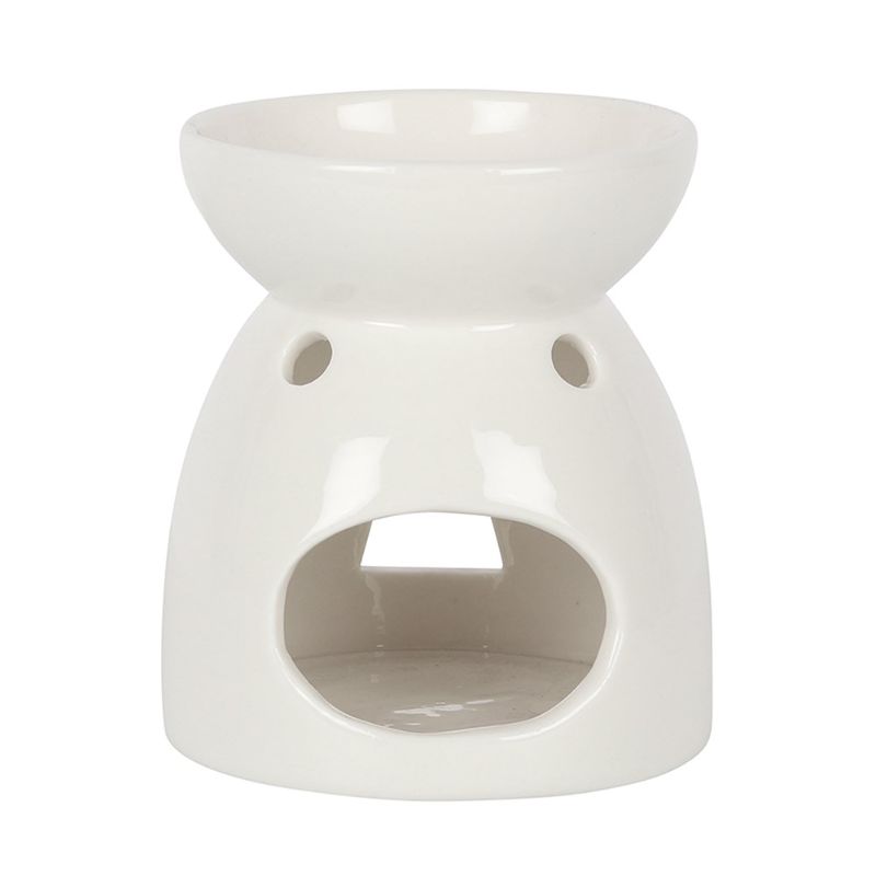 Elegant white ceramic oil burner featuring an angel cutout, perfect for enhancing ambiance with fragrance oils and wax melts.