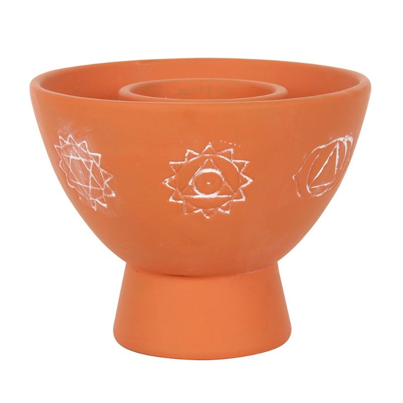 Chakra Natural Terracotta Smudge Bowl with white Chakra design, perfect for burning sage and enhancing spiritual practices.
