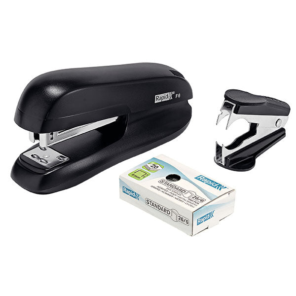 Rapid Stapler F6 Black Value Pack: sleek, sturdy half-strip stapler staples up to 20 sheets; includes remover and strong staples.