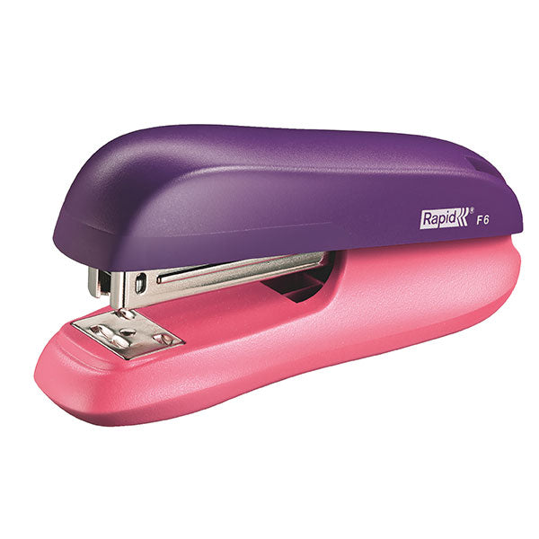 Purple and pink Rapid Stapler F6, sturdy metal mechanism, staples up to 20 sheets, ergonomic design for ease of use.