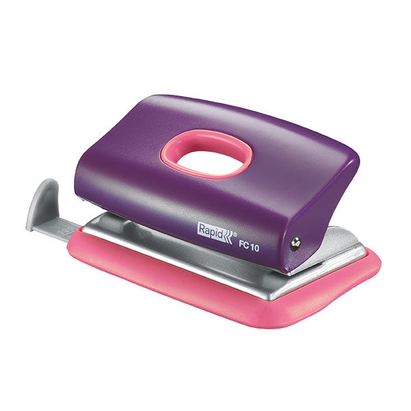 Compact purp/pink hole punch with metal core, punches up to 10 sheets, and features an easy-to-empty confetti holder.