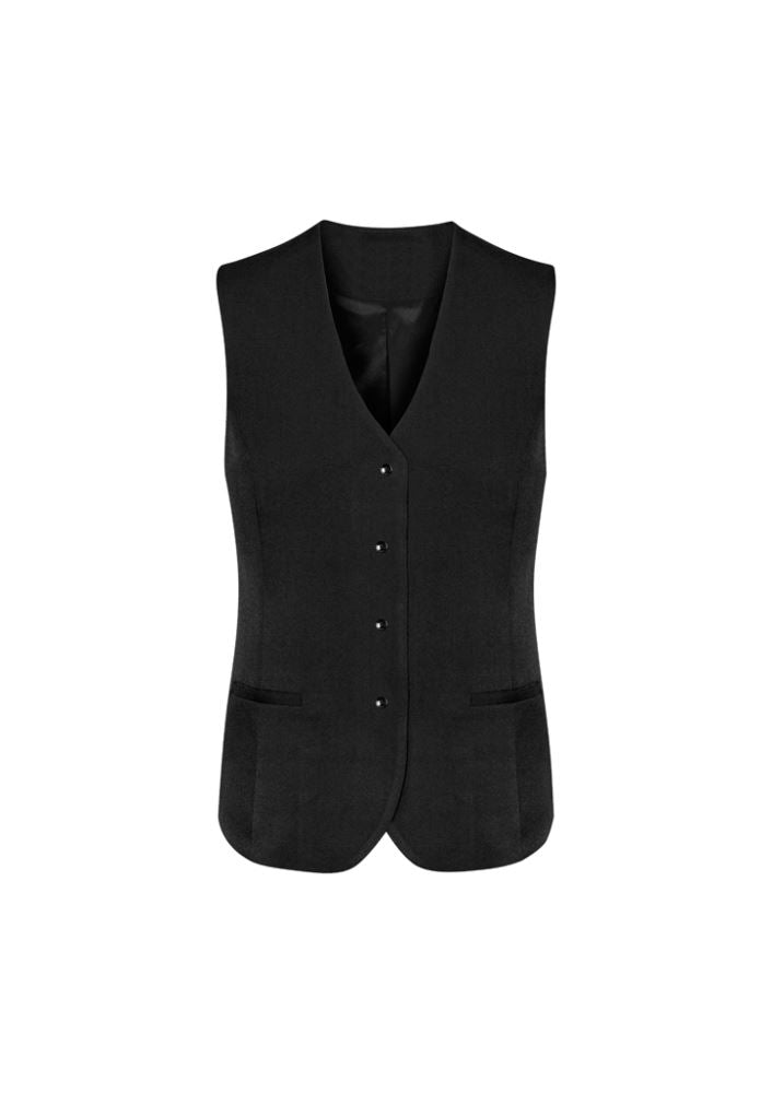 Elegant black longline vest for ladies, tailored with wool blend, features pockets, fully lined, sizes 4-26, versatile for any occasion.