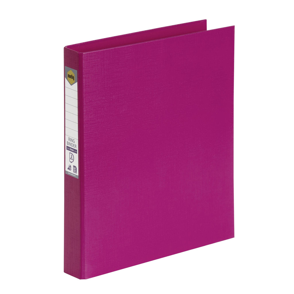 Vibrant pink MBG PE Linen Binder, A4 size, 2D ring, 25mm, holds 200 sheets, eco-friendly, moisture-resistant, with spine label.