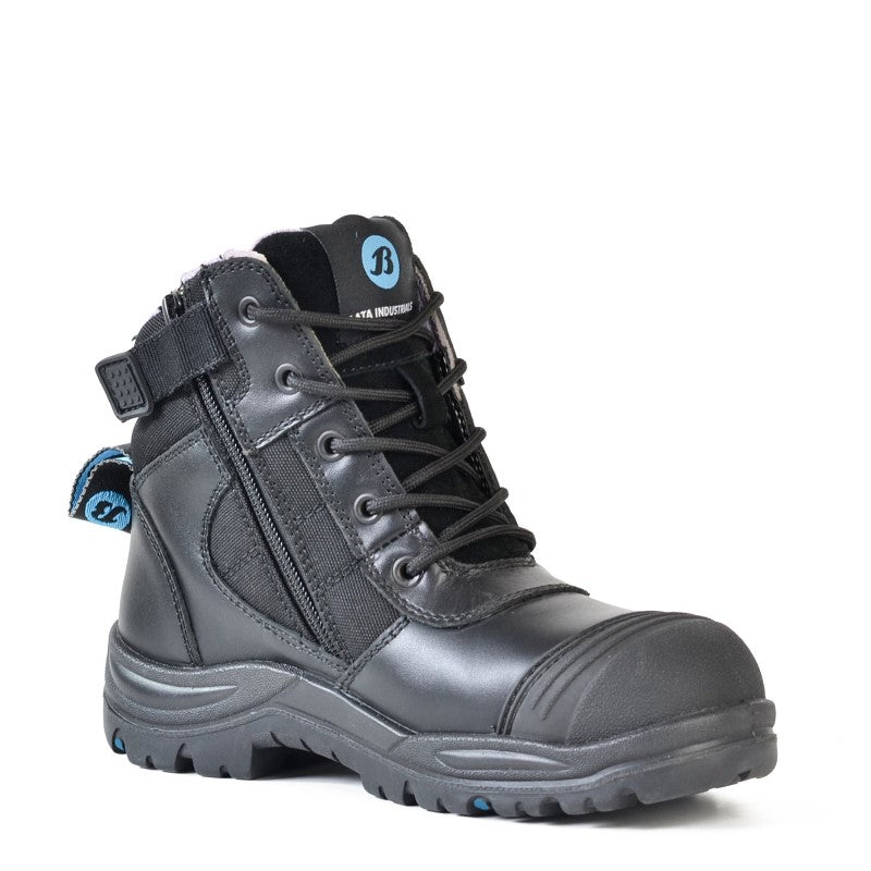 Bata Dakota Black ladies boots in size 8, featuring durable leather, steel toe cap, slip resistance, and heat protection.