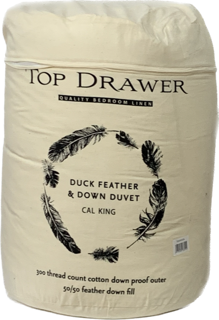 Top Drawer Feather Down Duvet Inner in Cali King size offers luxurious comfort with 50/50 duck down and feather fill.