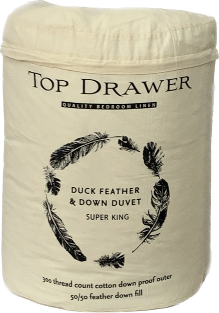 Super King duvet inner featuring 50% duck down and 50% feathers, encased in 300 thread count cotton for ultimate comfort.