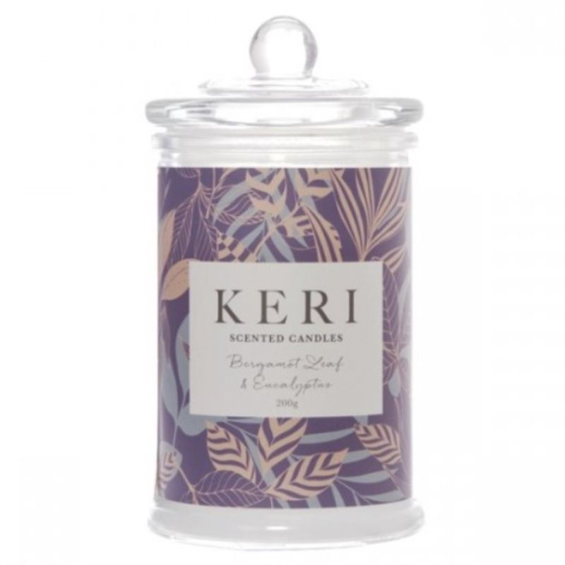 Scented jar candle in an elegant glass jar, featuring bergamot leaf and eucalyptus for a calming atmosphere.