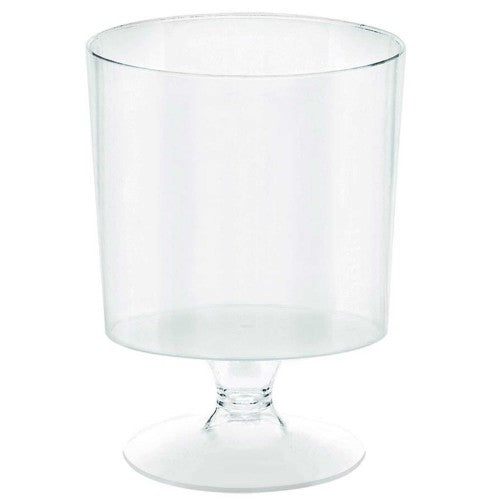 Clear plastic mini catering pedestal cups (5 oz) in a pack of 10, perfect for elegant appetizers and desserts.